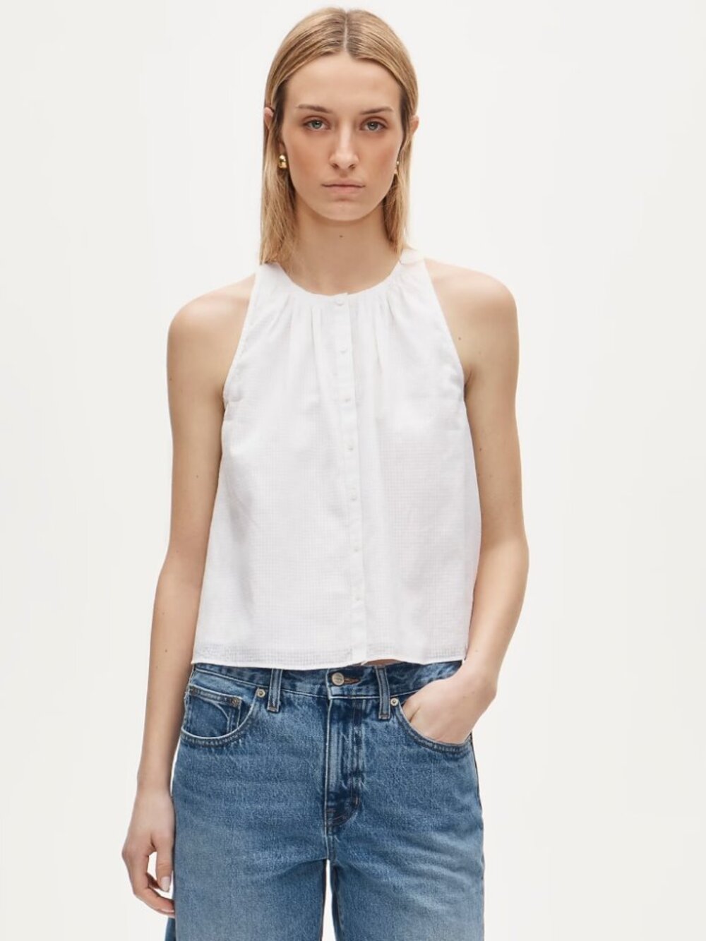 NWT J. Crew High Neck Button-up Tank Top Textured Cotton Voile White Size L